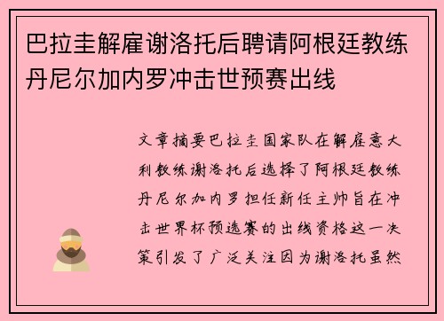 巴拉圭解雇谢洛托后聘请阿根廷教练丹尼尔加内罗冲击世预赛出线