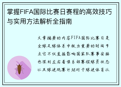 掌握FIFA国际比赛日赛程的高效技巧与实用方法解析全指南